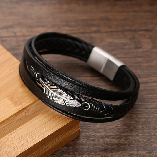 Pulseira de Couro e Aço Inoxidável