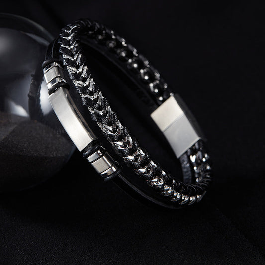 Pulseira de Couro e Aço Inoxidável