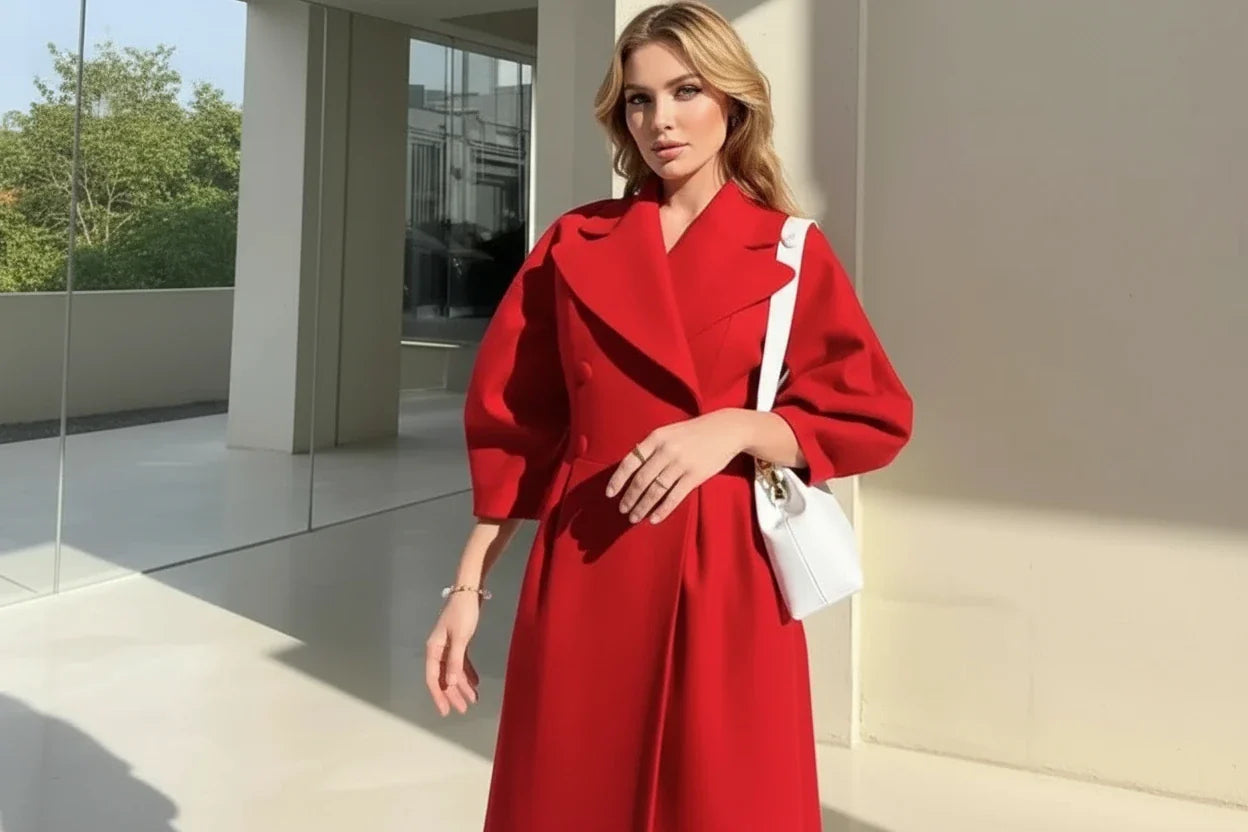 Women’s Vintage Long Coat – Lantern Sleeves & Large Lapel | Elegant Winter Overcoat