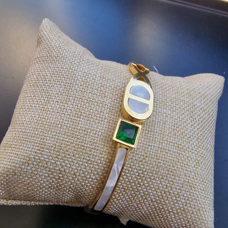 Pulseira rígida aço inoxidável com pedras verde e branca