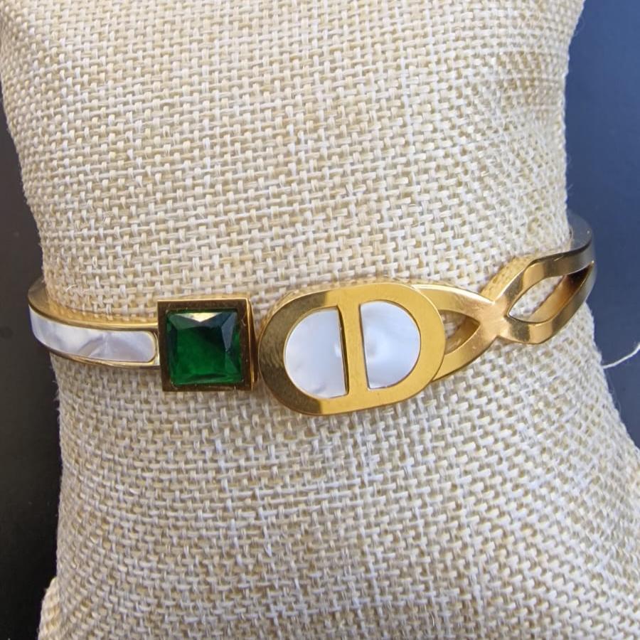 Pulseira rígida aço inoxidável com pedras verde e branca