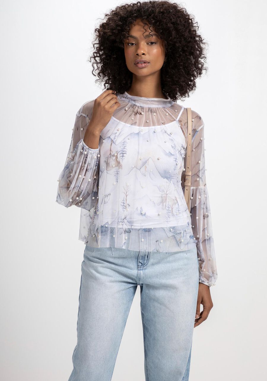 CAMISOLA EM TULE ESTAMPADA COM DETALHE EM PÉROLAS