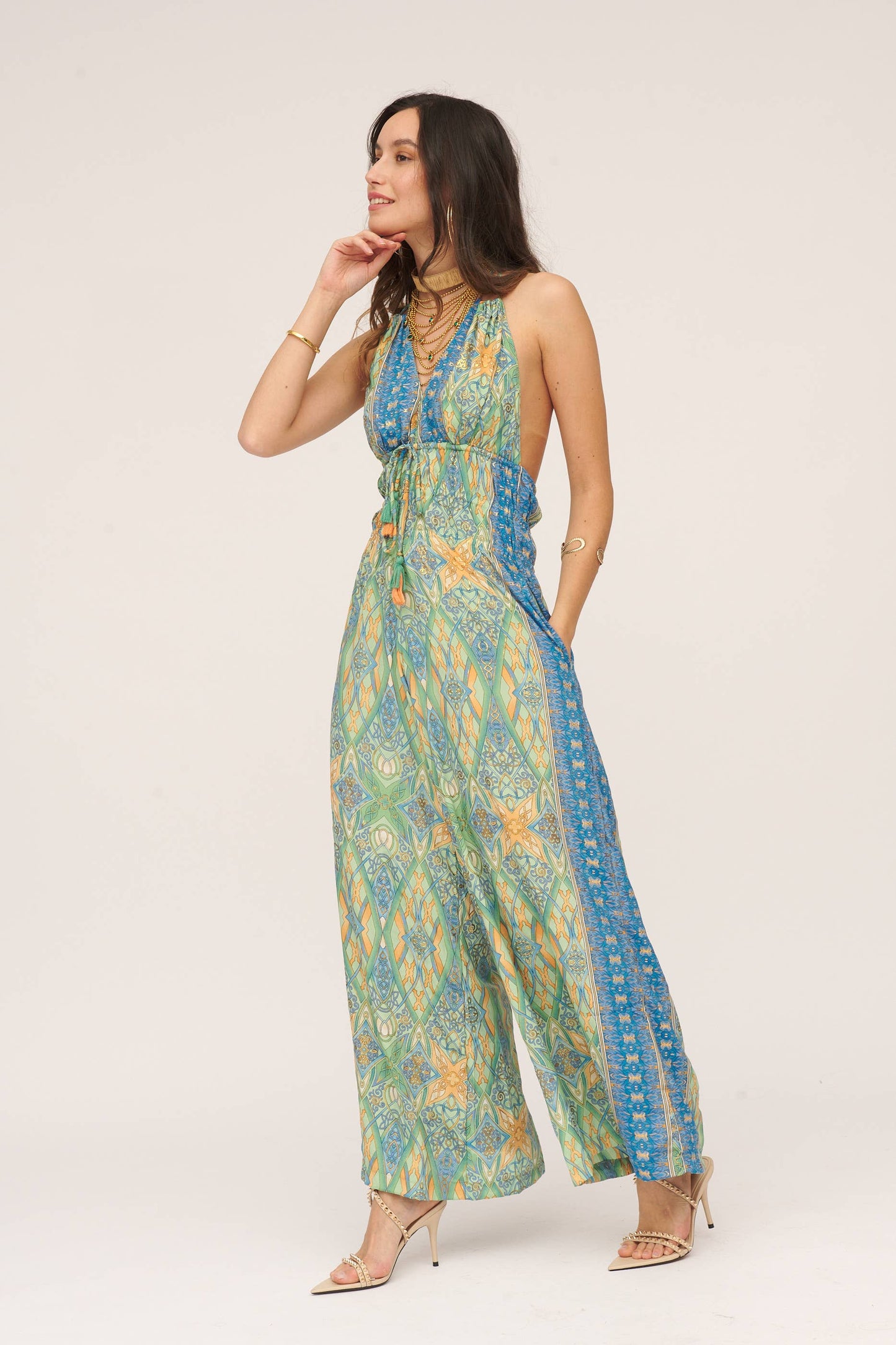 SERENITY PRINTED OPEN BACK JUMPSUIT
