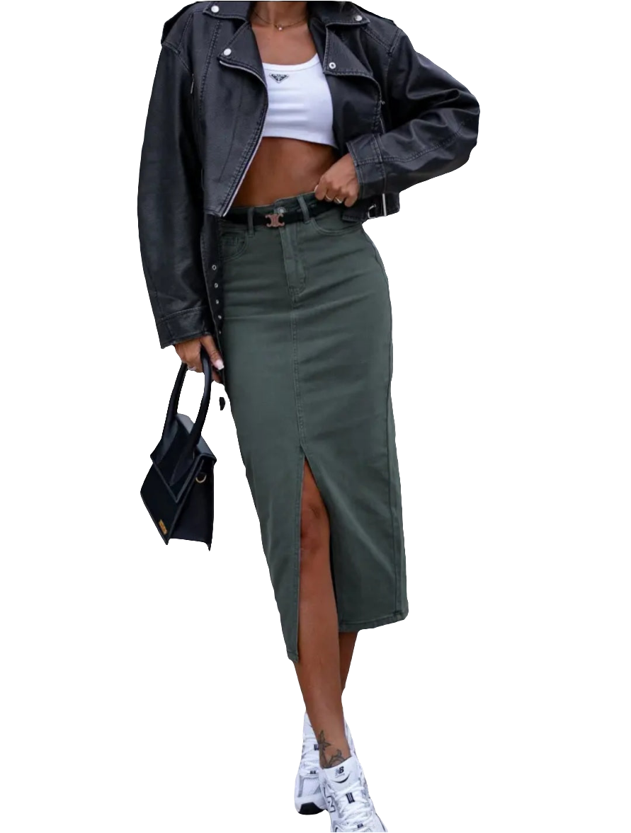 Long denim skirt with slit