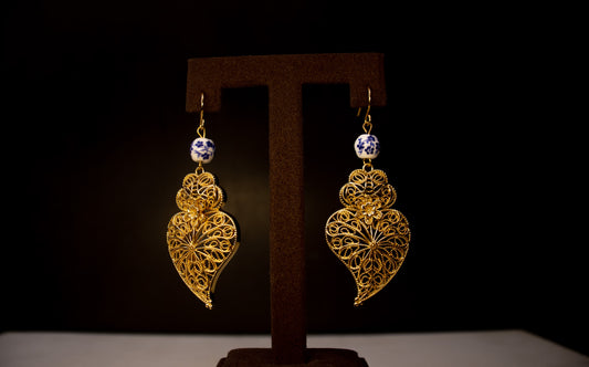 Brincos Encantos de Portugal - Coração de Viana Inspiração Azulejos Portugueses