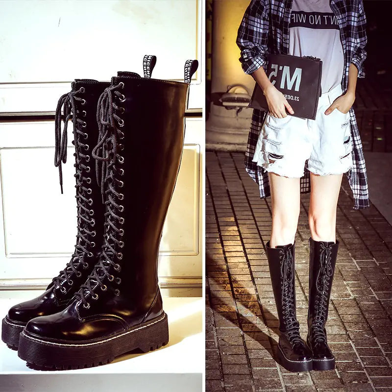 Women's Flat Martin Boots - Knee-High Style