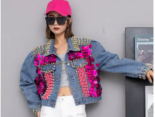 Sequin & Spike Short Denim Jacket – Women’s Bold Statement Style