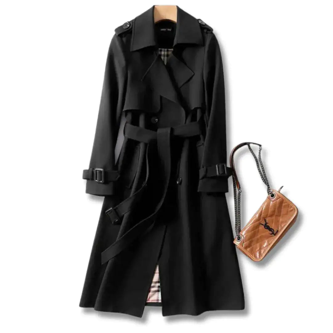 Classic Double-Breasted Trench Coat – Women’s Long Belted Overcoat with Plaid Lining