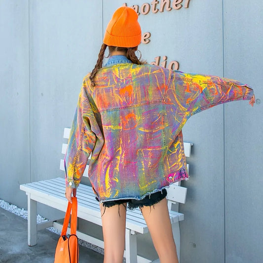 Graffiti Bear Print Denim Jacket – Colorful Streetwear Style for Women
