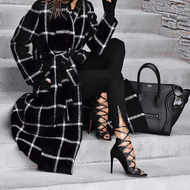 Women’s Long Plaid Trench Coat – Black Checkered Overcoat with Hood, Elegant Winter Outerwear