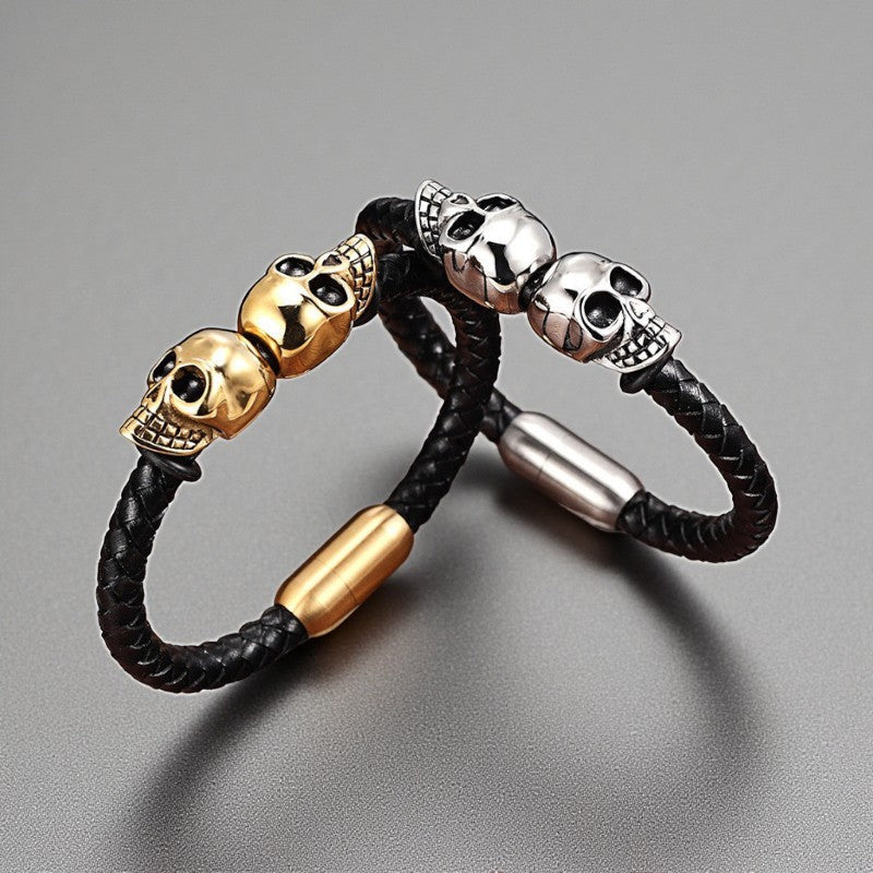 Pulseira Skull de Couro Trançado