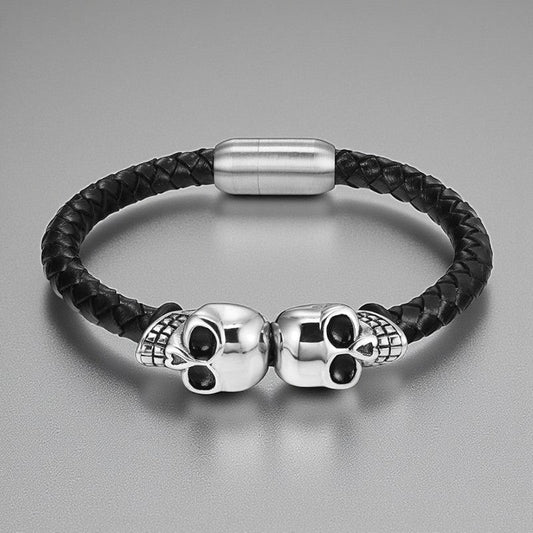 Pulseira Skull de Couro Trançado