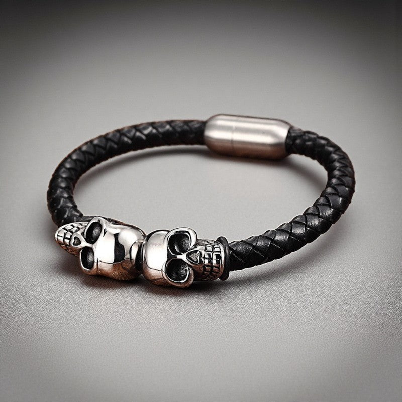 Pulseira Skull de Couro Trançado