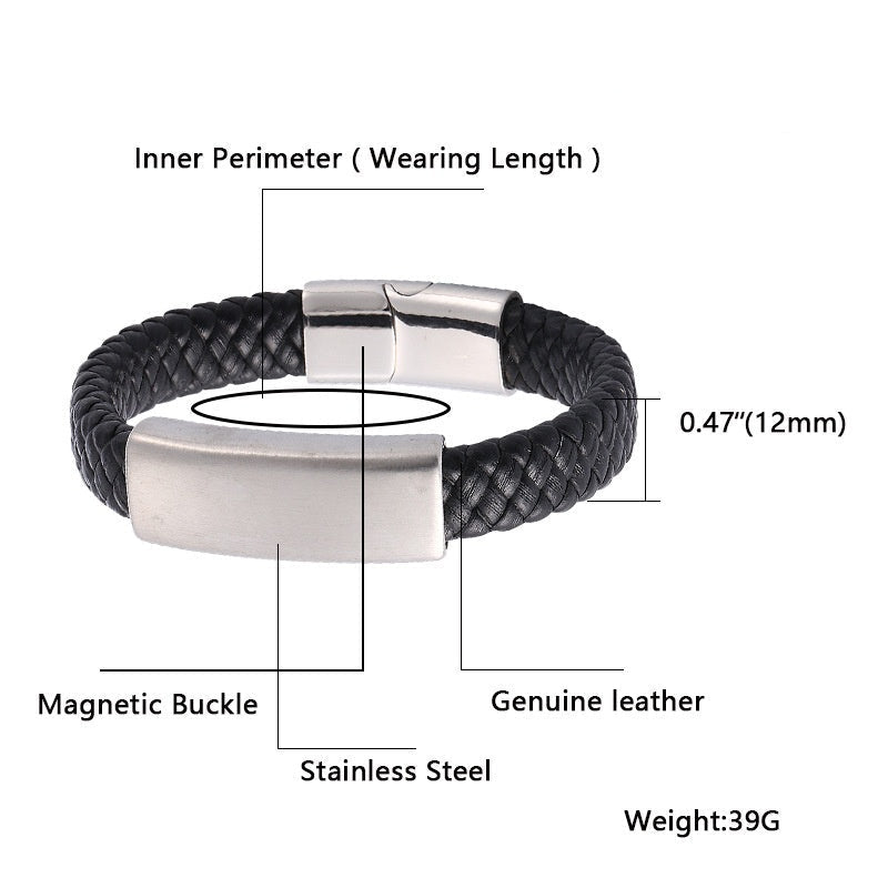 Pulseira de Couro e Aço Inoxidável