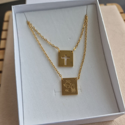 Escapulário Anjo e Cruz Aço Inoxidável