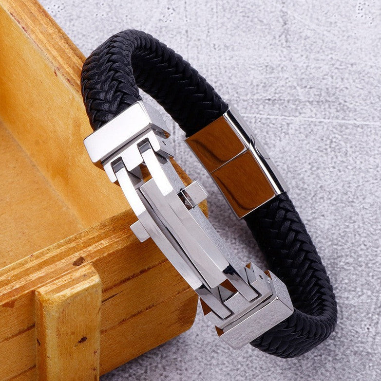 Pulseira de Couro e Aço Titânio