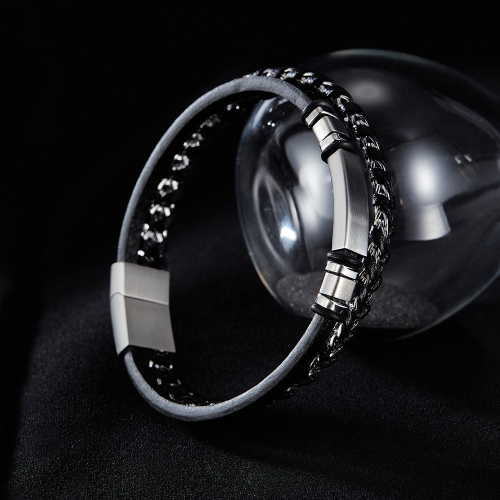 Pulseira de Couro e Aço Inoxidável