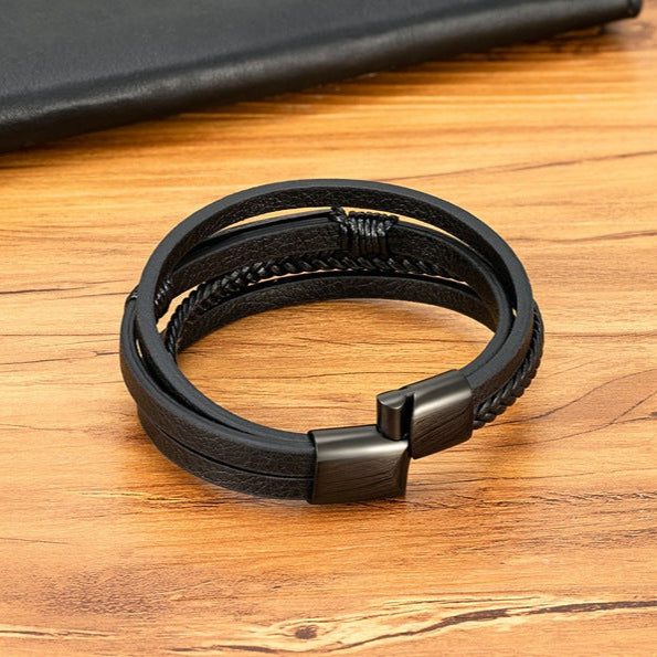 Pulseira de Couro e Aço Inoxidável