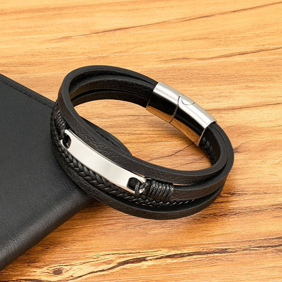 Pulseira de Couro e Aço Inoxidável