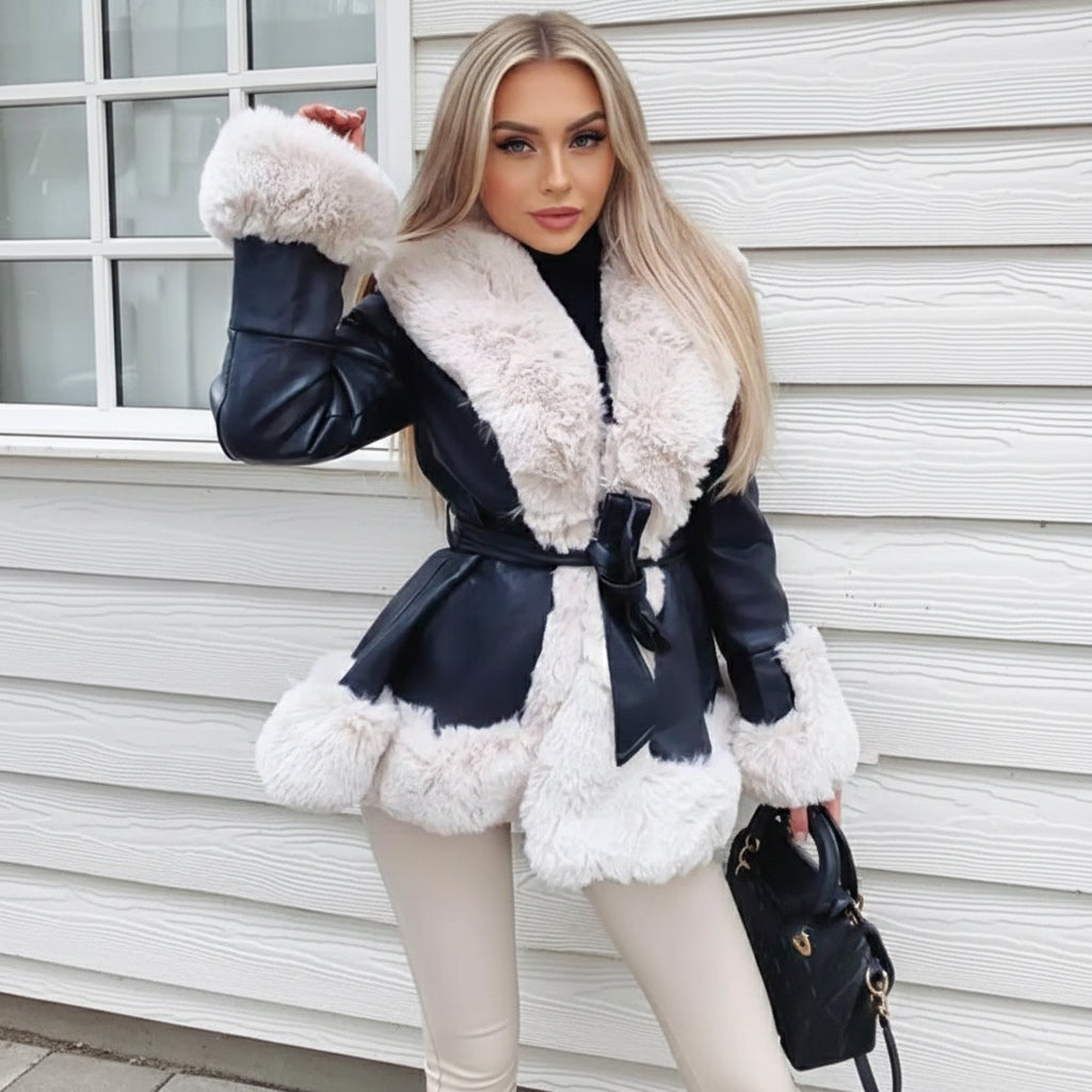 Women’s Faux Leather Winter Coat – Warm Fur Collar Belted Jacket