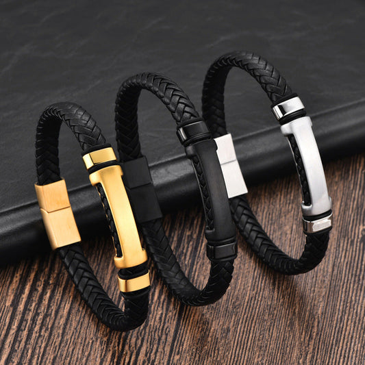 Pulseira de Couro e Aço Inoxidável 316L