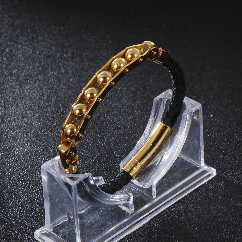 Pulseira de Couro e Aço Titânio