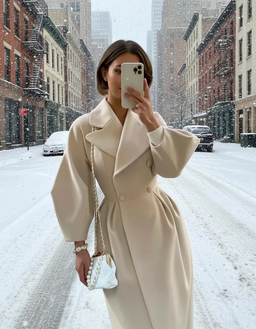 Women’s Vintage Long Coat – Lantern Sleeves & Large Lapel | Elegant Winter Overcoat