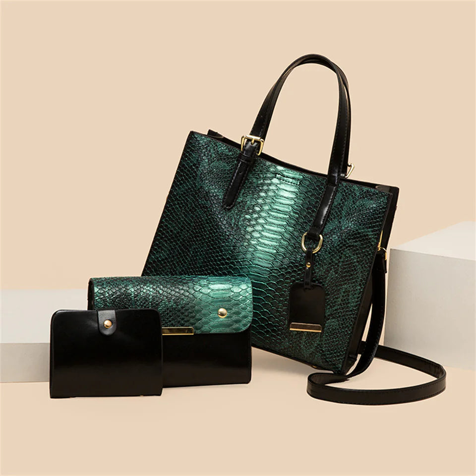 3-Piece Faux-Leather Handbag & Wallet Set – Vintage Snakeskin Accent