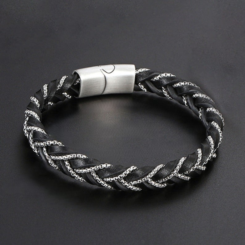 Pulseira de Couro e Aço Inoxidável 316L