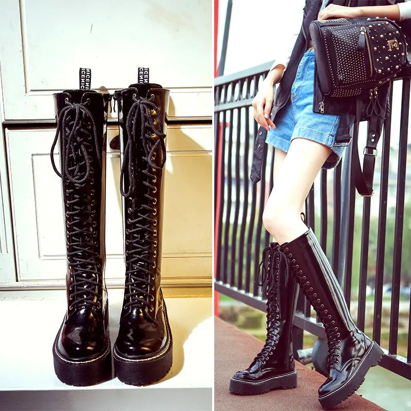 Women's Flat Martin Boots - Knee-High Style