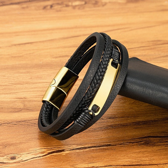 Pulseira de Couro e Aço Inoxidável