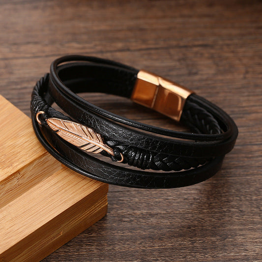 Pulseira de Couro e Aço Inoxidável