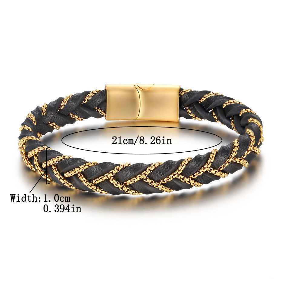 Pulseira de Couro e Aço Inoxidável 316L