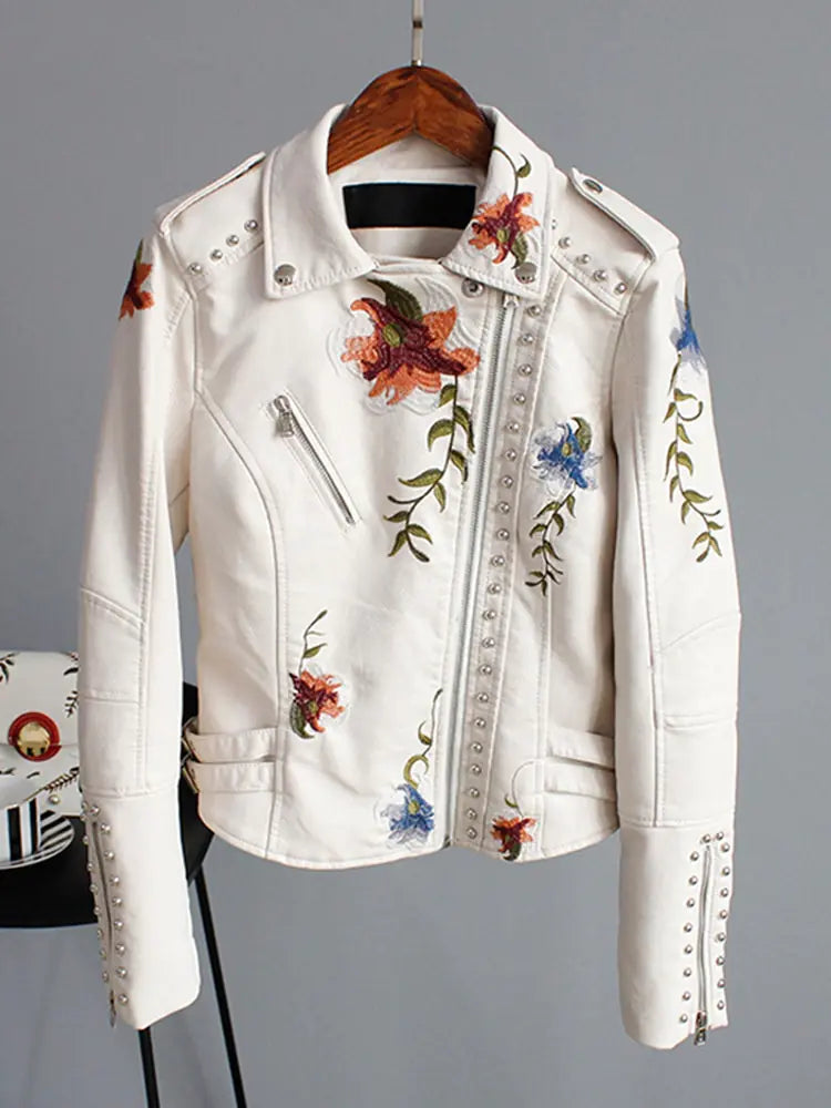 Floral Embroidered Faux Leather Biker Jacket – Women’s Studded Moto Style