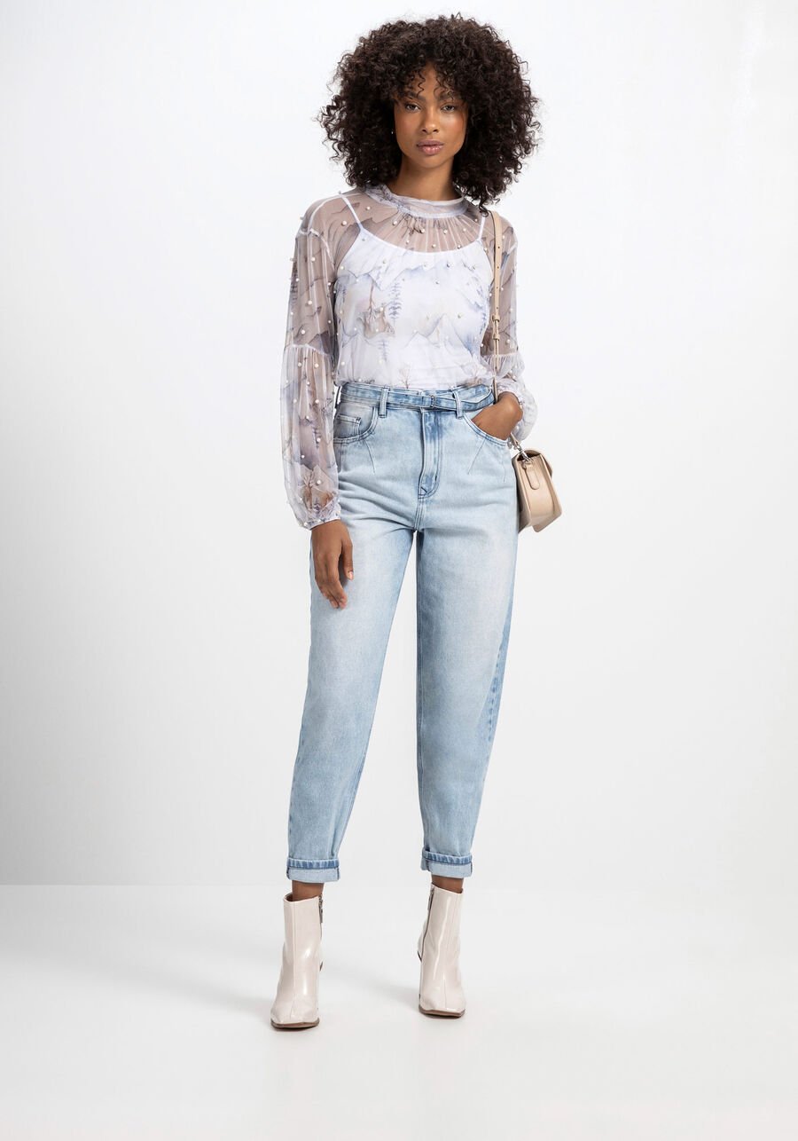 CAMISOLA EM TULE ESTAMPADA COM DETALHE EM PÉROLAS