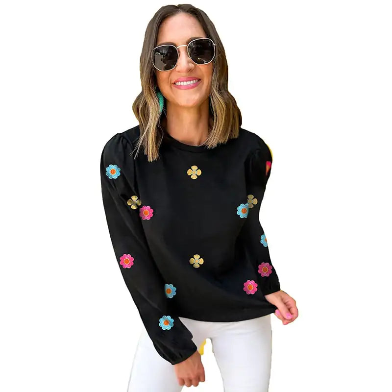 Flower Embroidered Long Sleeve Sweater