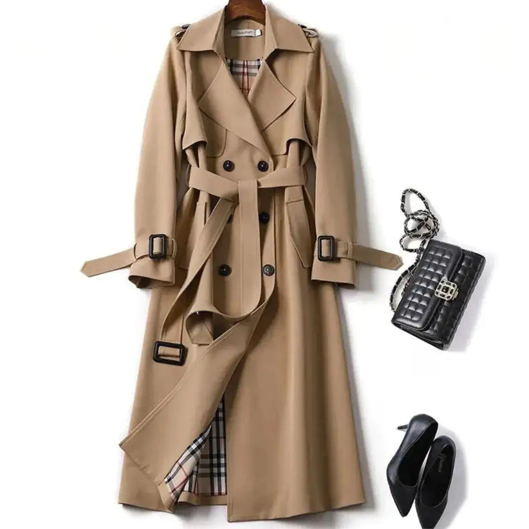 Classic Double-Breasted Trench Coat – Women’s Long Belted Overcoat with Plaid Lining