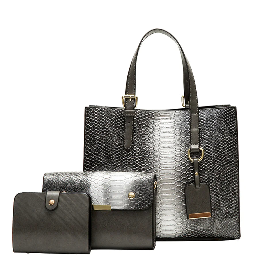 3-Piece Faux-Leather Handbag & Wallet Set – Vintage Snakeskin Accent