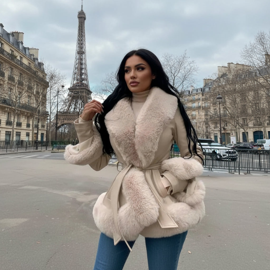 Women’s Faux Leather Winter Coat – Warm Fur Collar Belted Jacket