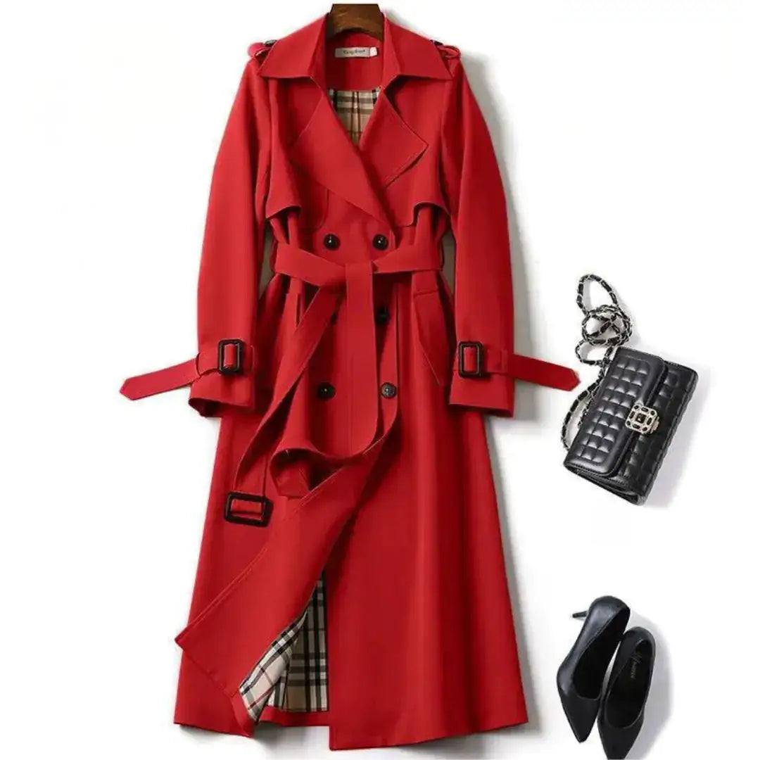 Classic Double-Breasted Trench Coat – Women’s Long Belted Overcoat with Plaid Lining