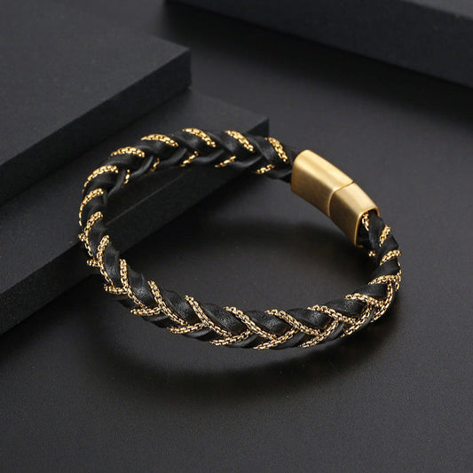 Pulseira de Couro e Aço Inoxidável 316L