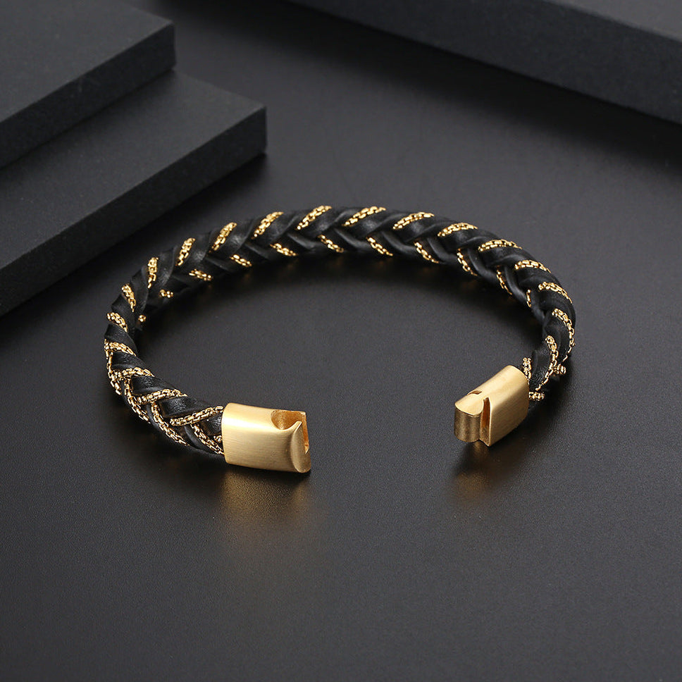 Pulseira de Couro e Aço Inoxidável 316L