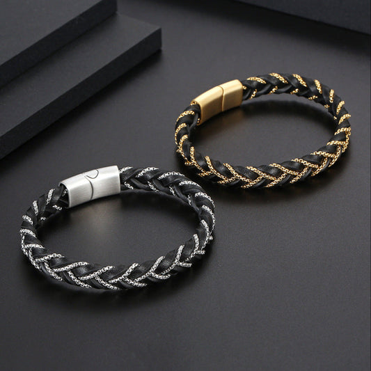 Pulseira de Couro e Aço Inoxidável 316L