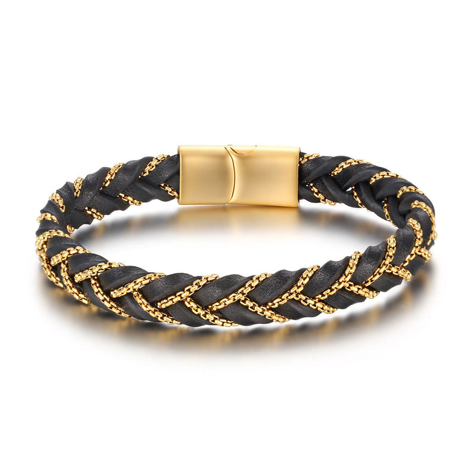 Pulseira de Couro e Aço Inoxidável 316L