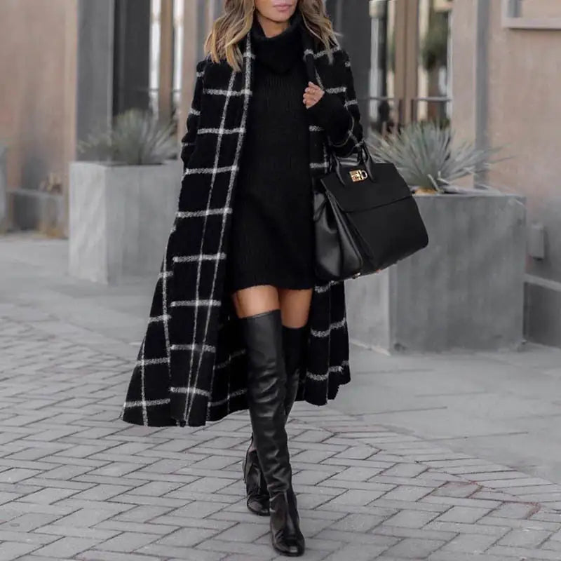 Women’s Long Plaid Trench Coat – Black Checkered Overcoat with Hood, Elegant Winter Outerwear