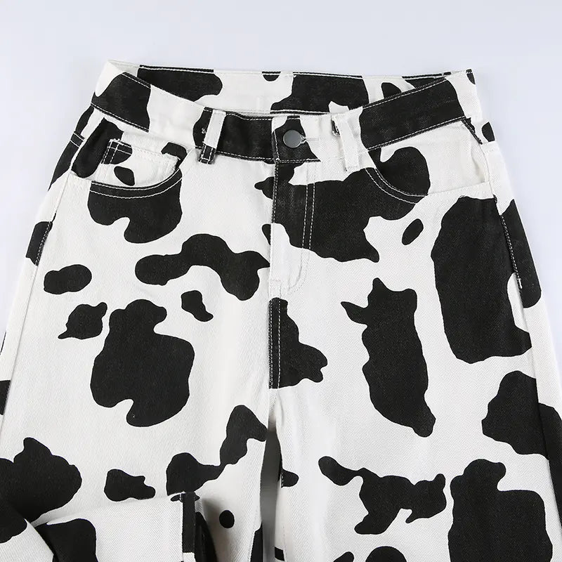 Cow Print High-Waisted Straight Leg Jeans – Black & White Denim