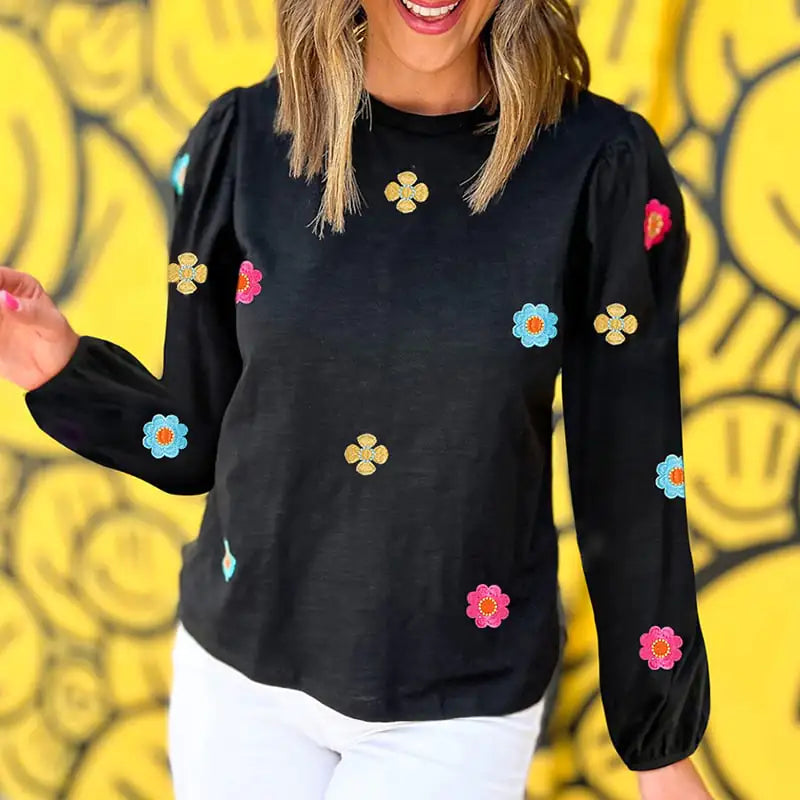 Flower Embroidered Long Sleeve Sweater