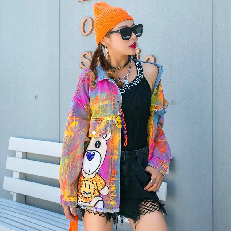Graffiti Bear Print Denim Jacket – Colorful Streetwear Style for Women