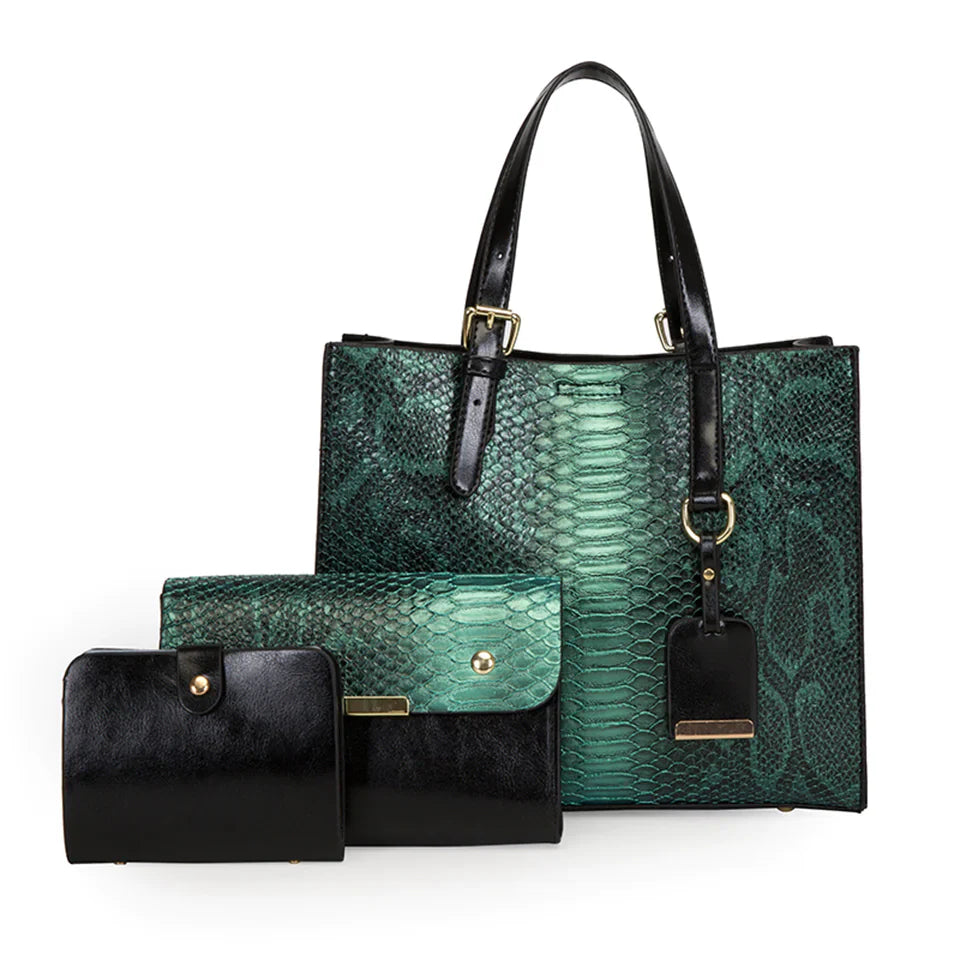 3-Piece Faux-Leather Handbag & Wallet Set – Vintage Snakeskin Accent