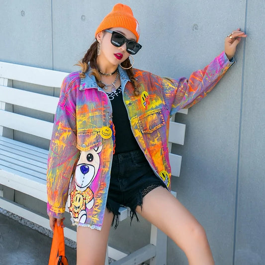 Graffiti Bear Print Denim Jacket – Colorful Streetwear Style for Women